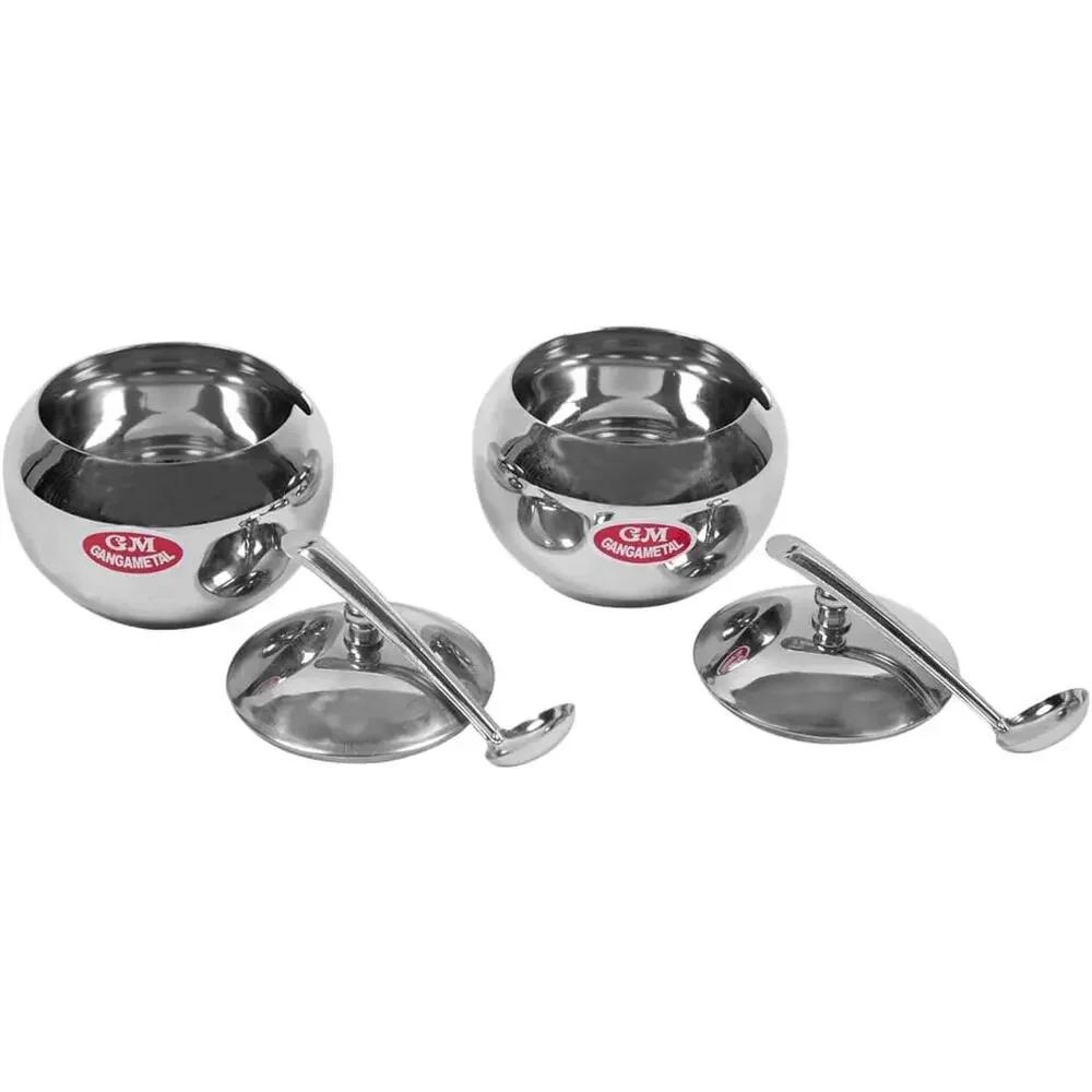 2 Pack Stainless Steel Ghee Pot with Lid & Spoon Oil Sugar Container Silver